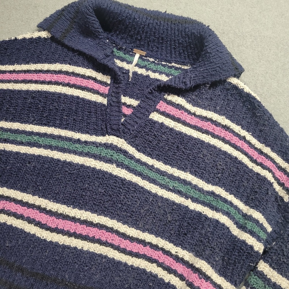 Free People Striped Cropped Sweater Navy Blue Pink Green V-Neck Polo X Small